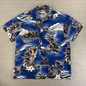 Vintage Women’s Hilo Hattie Hawaiian Shirt Size Medium Blue Hibiscus Ukulele